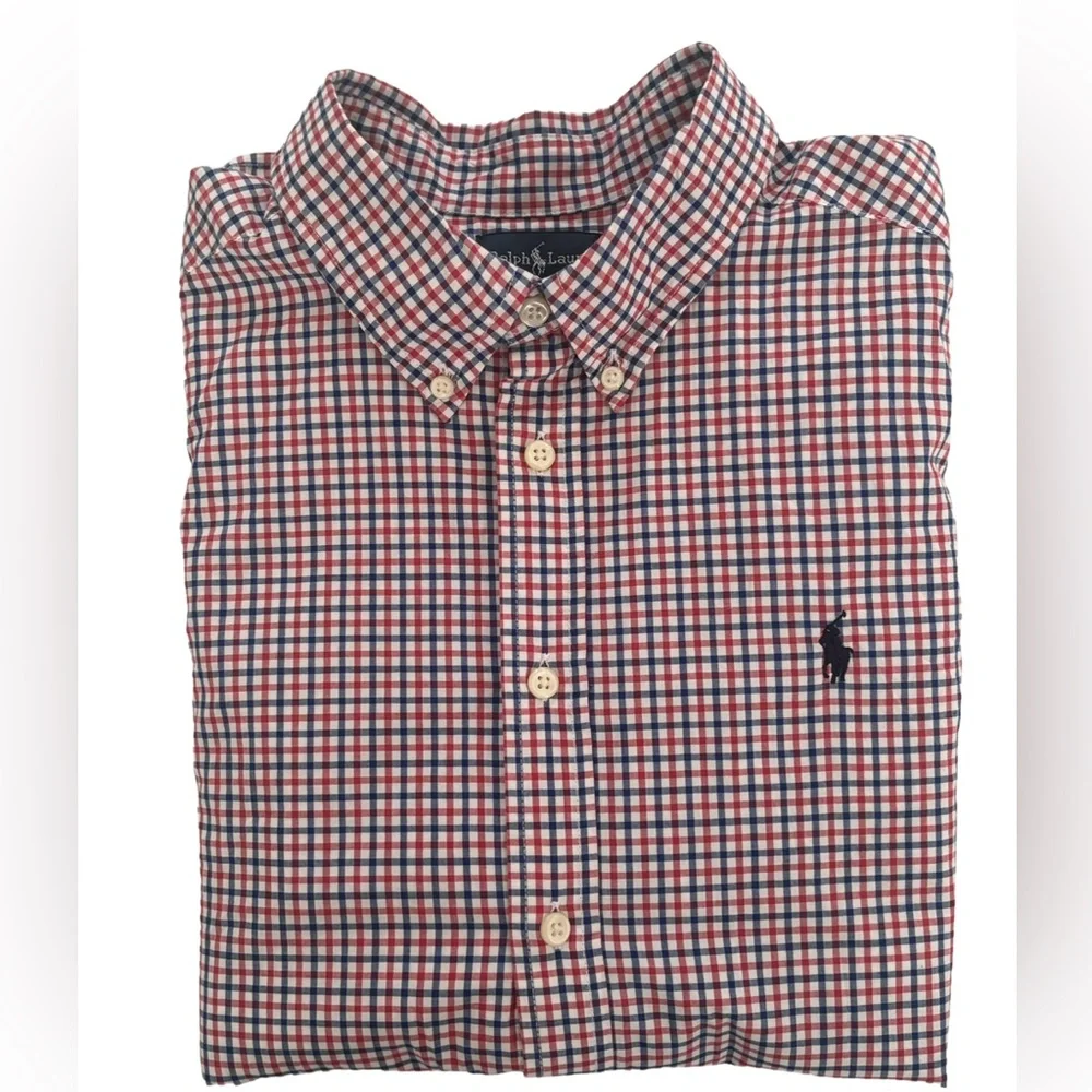 Ralph Lauren Boys 100% Cotton button down shirt Blue Red White Collegiate preppy